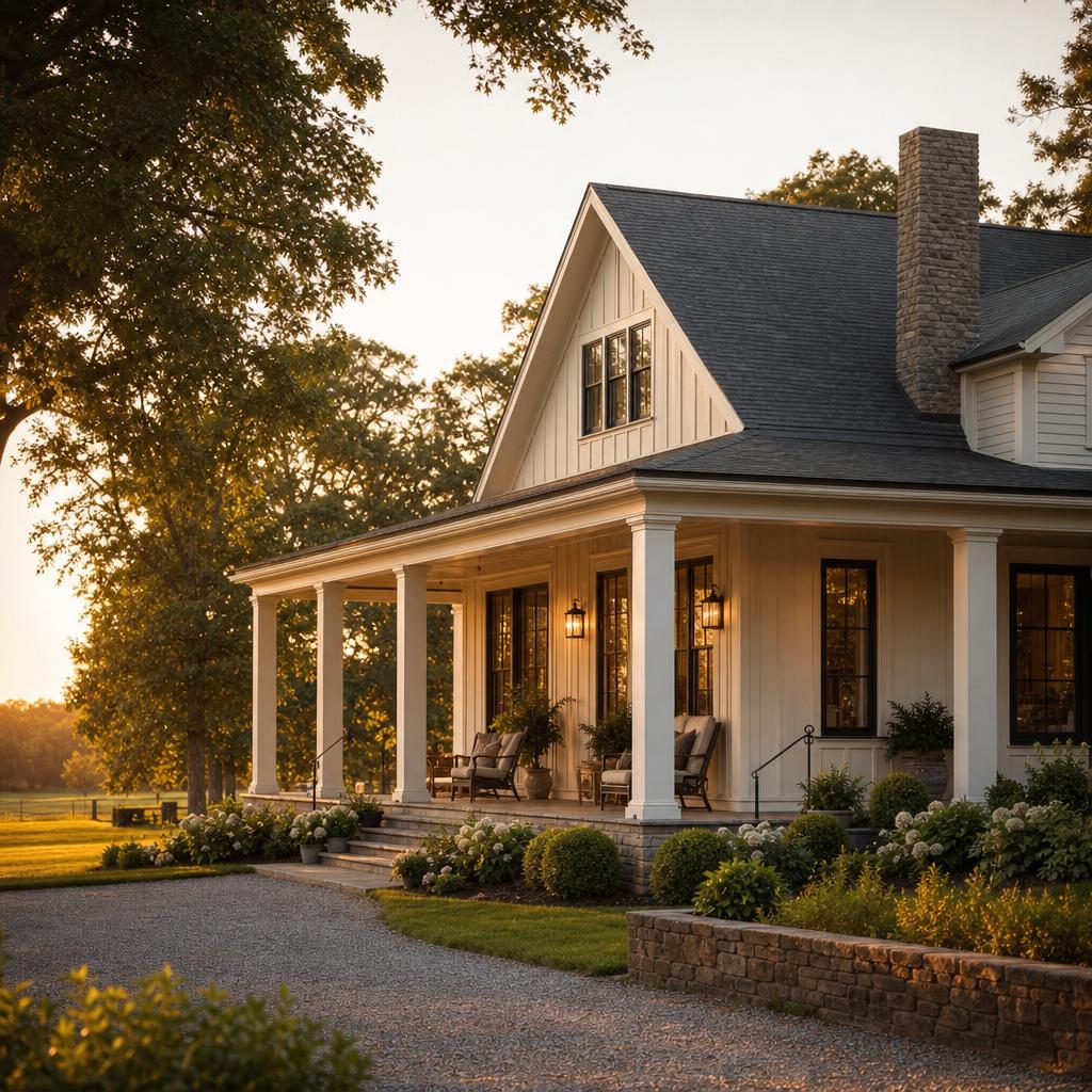 Beautiful farmhouse with wide porch at golden hour