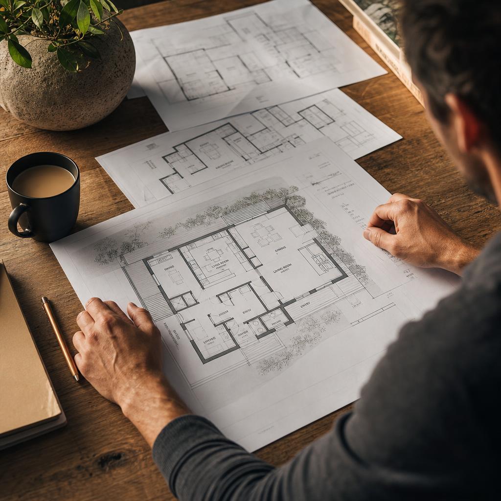 Reviewing printed plans on table